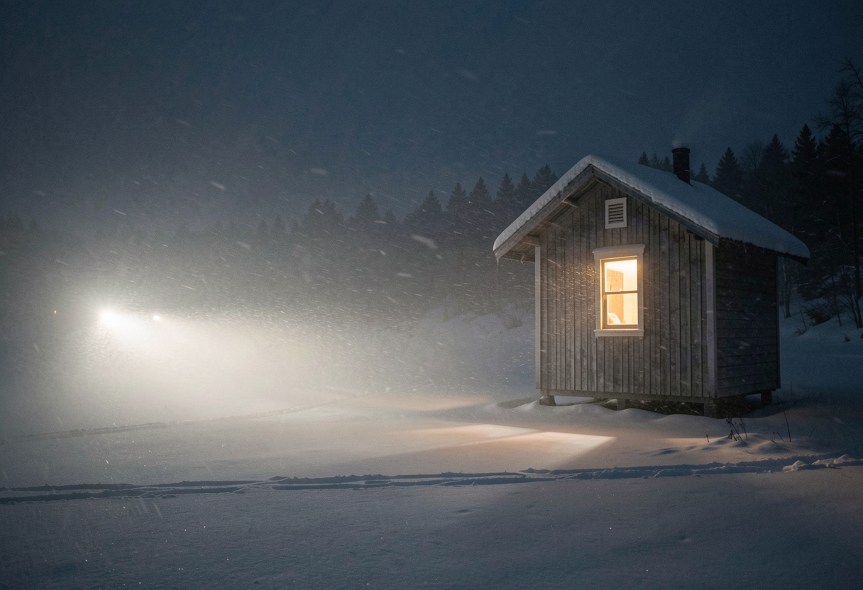After — “the same cabin in a snowstorm at night, headlights cutting through, the window still warm”. The free host rebuilds the scene from your picture rather than painting over it, so the cabin returns, not its every plank.