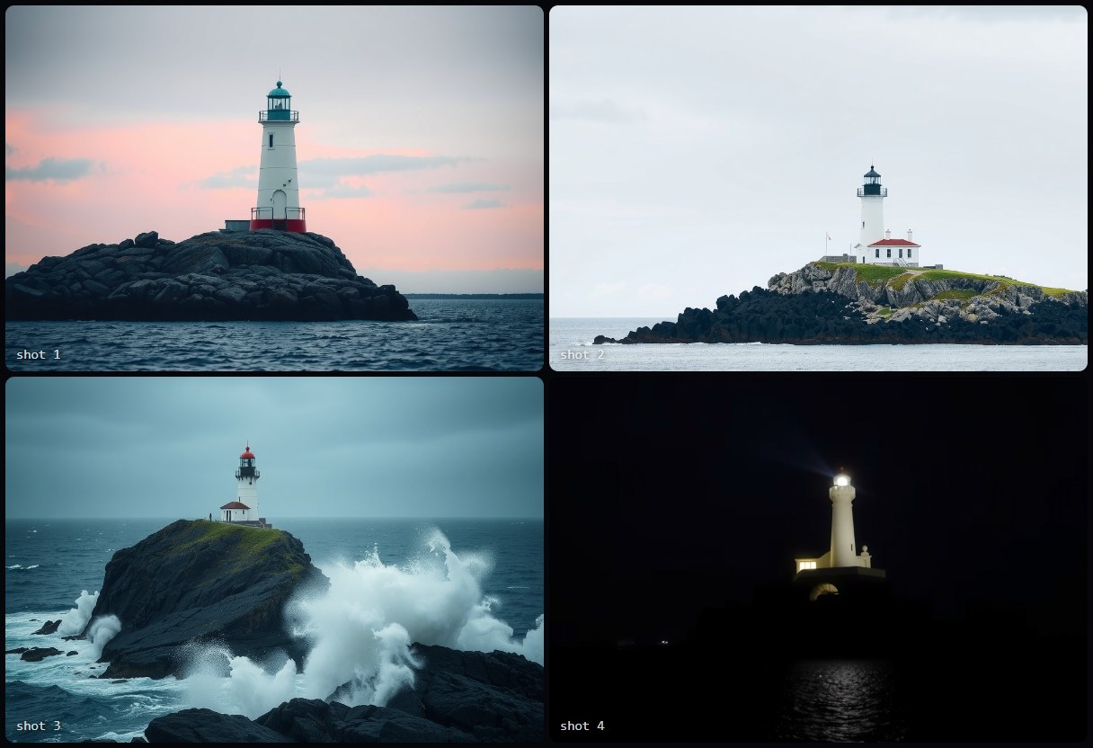 One brief, four shots: a lighthouse at first light, at noon, in a storm, then its beam alone. Your browser moves the camera over each and cuts them together.
