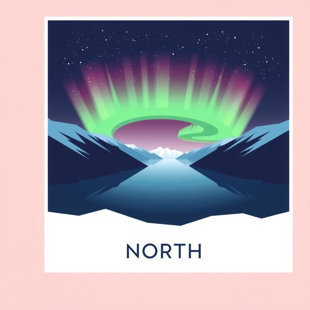 A minimalist travel poster of an aurora over a fjord, flat shapes, three colours, the word NORTH.