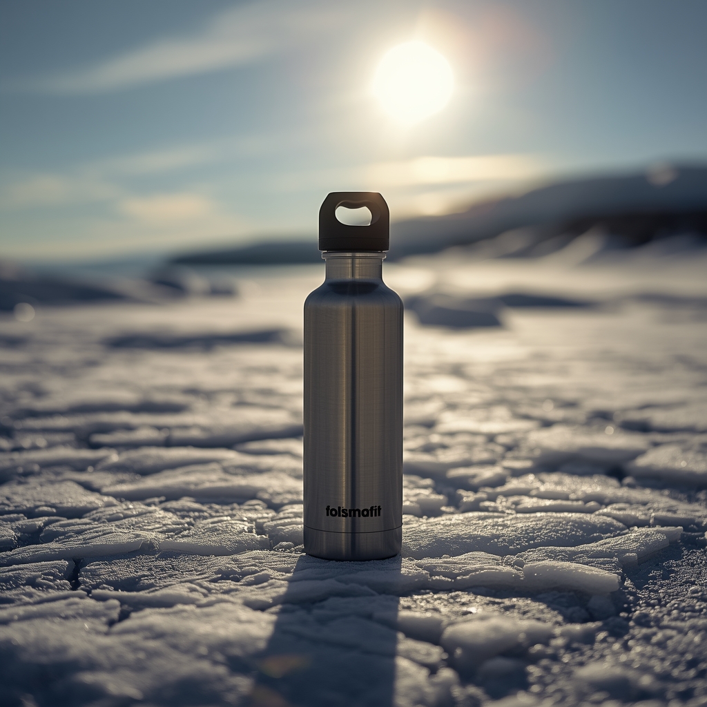 A brushed steel thermos on cracked sea ice, low winter sun, long shadow, commercial photography.